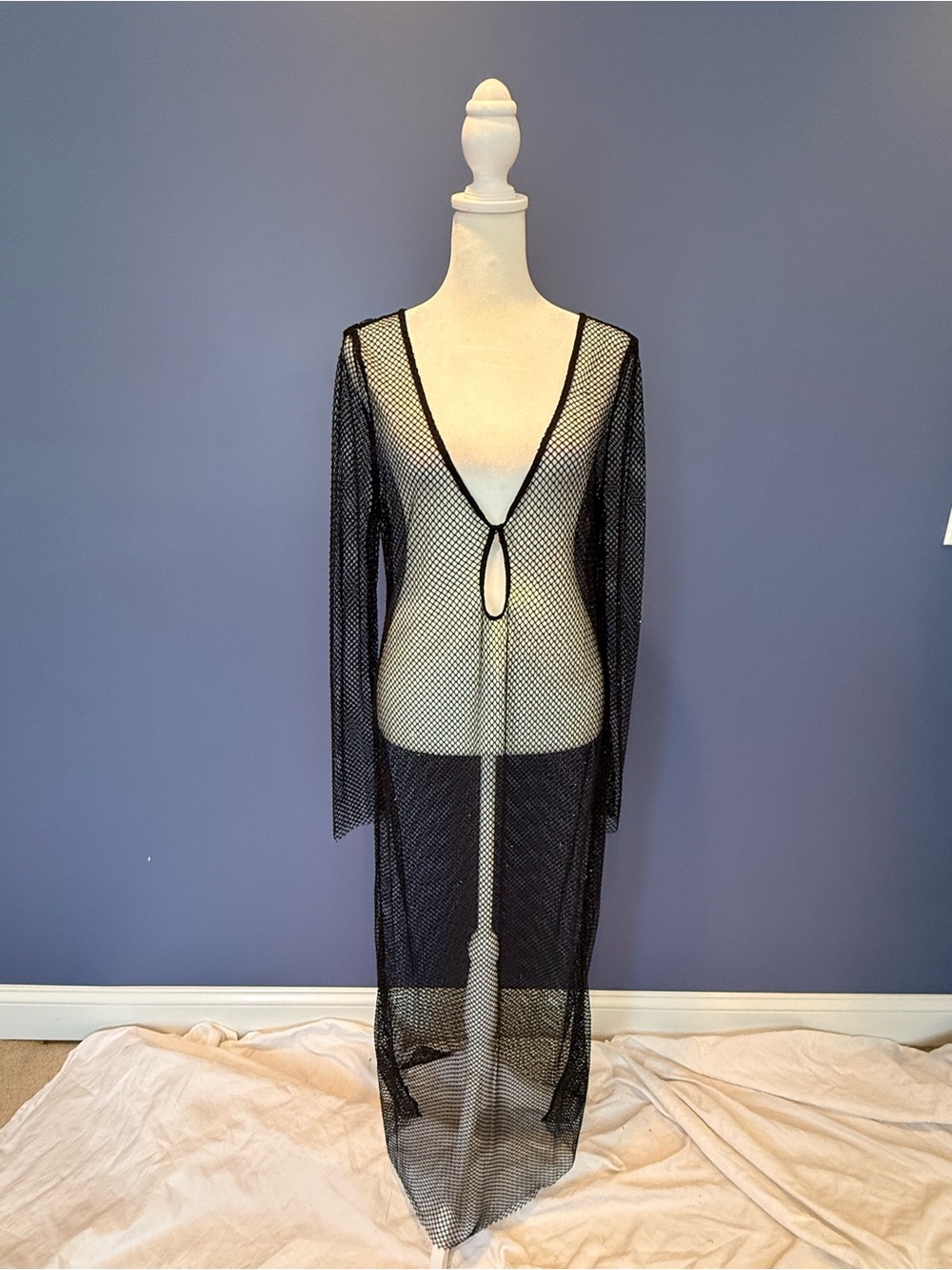 L'AGENCE Black Mesh Fishnet Maxi Cover-Up with Keyhole Front
